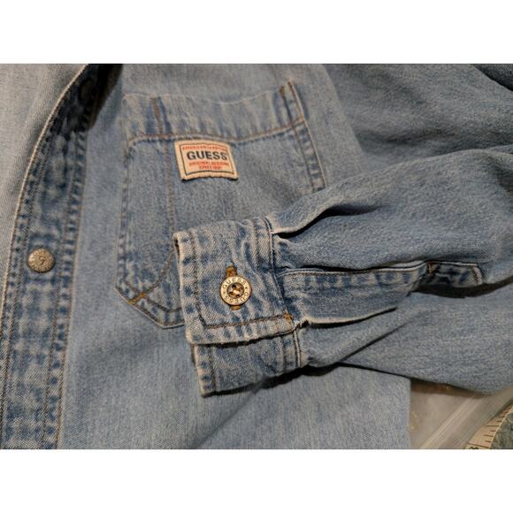 Vintage Guess Jeans Mens Blue Denim Snap Button Shirt Sz S 163F8 Western Flaw - Picture 4 of 9